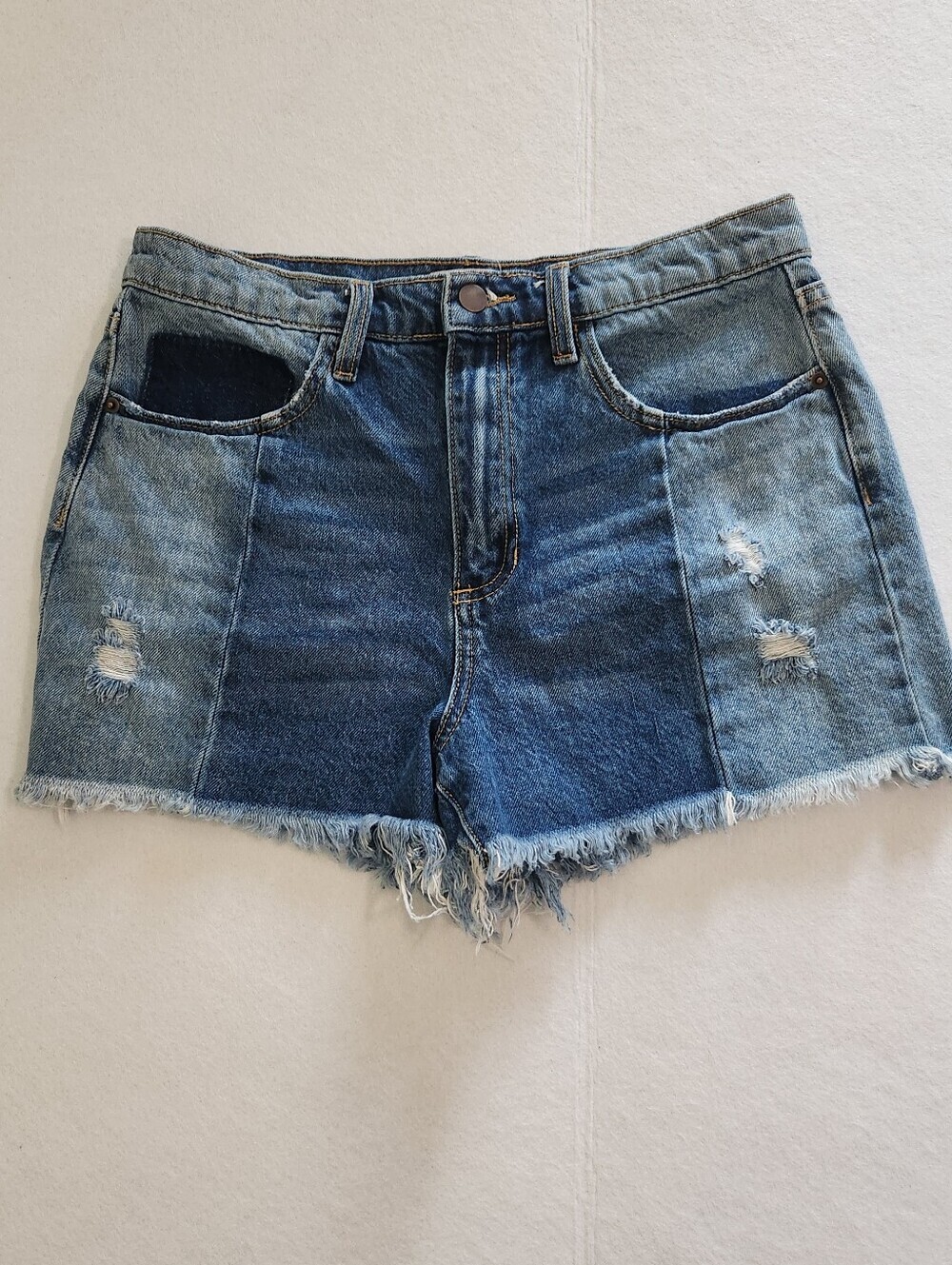 Altar'd State Two-Tone Patchwork Denim Shorts in Blue Size 28